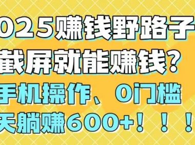 2025赚钱野路子，截屏就能赚钱？手机操作0门槛，一天躺赚600+！！！